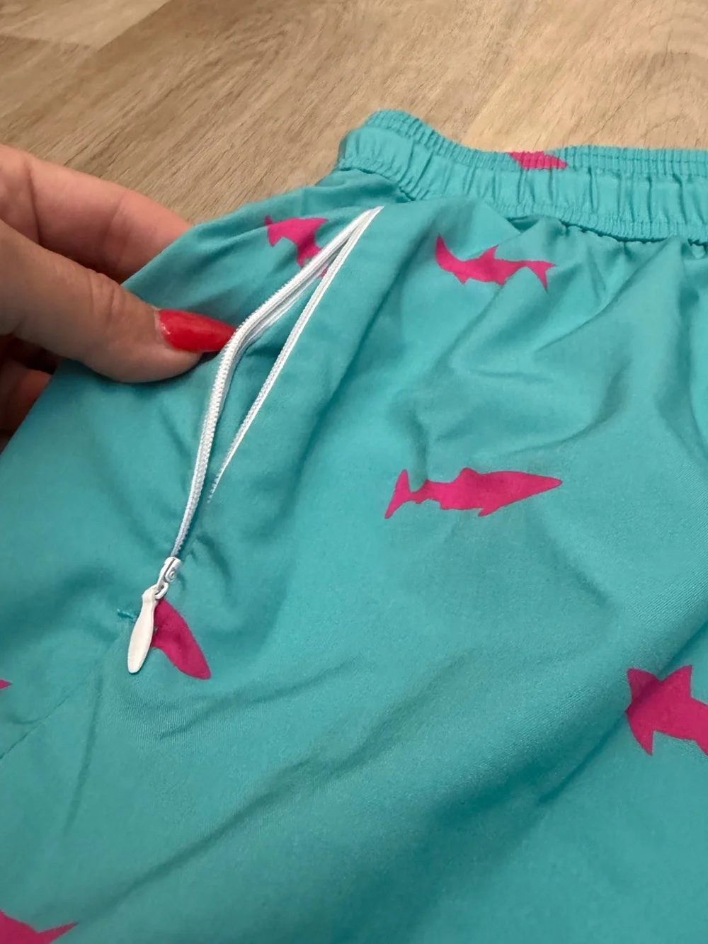 Maamgic Turquoise Swim Shorts with Pink Shark Print